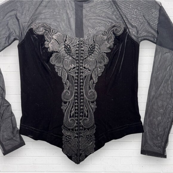CACHE Vintage Y2K Feminine Black Sheer Mesh Velvet Lace Mock Neck Top Blouse S - Picture 4 of 13